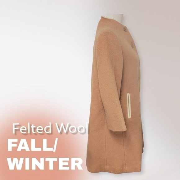 VINTAGE 90s Felted Wool Coat Med. Camel & Cream Midi Length GUC - Picture 3 of 15